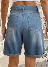 Denim Blue bottoms,Plain Color bottoms,Denim Blue Button Fly High Waisted Shorts
