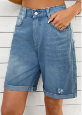 Denim Blue bottoms,Plain Color bottoms,Denim Blue Button Fly High Waisted Shorts