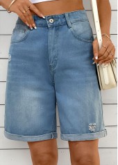 Denim Blue bottoms,Plain Color bottoms,Denim Blue Button Fly High Waisted Shorts