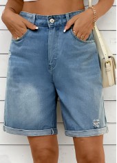 Denim Blue bottoms,Plain Color bottoms,Denim Blue Button Fly High Waisted Shorts