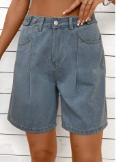 Denim Blue bottoms,Plain Color bottoms,Button Denim Blue Straight Leg High Waisted Shorts