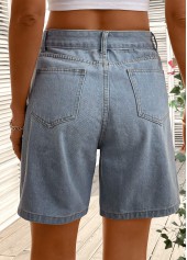 Denim Blue bottoms,Plain Color bottoms,Button Denim Blue Straight Leg High Waisted Shorts