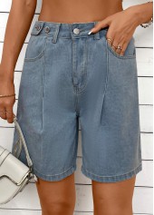 Denim Blue bottoms,Plain Color bottoms,Button Denim Blue Straight Leg High Waisted Shorts