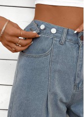 Denim Blue bottoms,Plain Color bottoms,Button Denim Blue Straight Leg High Waisted Shorts