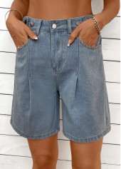 Denim Blue bottoms,Plain Color bottoms,Button Denim Blue Straight Leg High Waisted Shorts