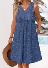 Denim Blue dresses,Plain Color dresses,Vacation dresses,Vacation dresses,ROTITA Denim Blue A Line V Neck Sleeveless Dress