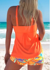Orange swimwear,Floral swimwear,Plants swimwear,ROTITA Smocked Orange Floral Print High Waisted Tankini Set