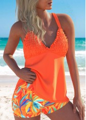 Orange swimwear,Floral swimwear,Plants swimwear,ROTITA Smocked Orange Floral Print High Waisted Tankini Set