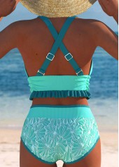 Cyan swimwear,Contrast Color swimwear,ROTITA Jacquard Cyan Mid Waisted Bikini Set