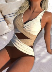 Light Coffee swimwear,Contrast Color swimwear,ROTITA Light Coffee Jacquard Detail One Piece Swimwear