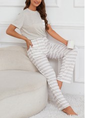 Grey loungewear,Striped loungewear,Geometric loungewear,Striped Grey Round Neck Lounge Top and Pants