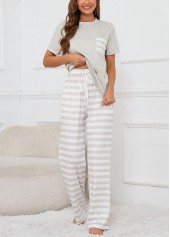 Grey loungewear,Striped loungewear,Geometric loungewear,Striped Grey Round Neck Lounge Top and Pants