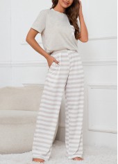 Grey loungewear,Striped loungewear,Geometric loungewear,Striped Grey Round Neck Lounge Top and Pants