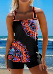 Black plus size,Tribal plus size,ROTITA Plus Size Mid Waisted Contrast Binding Black Tankini Set