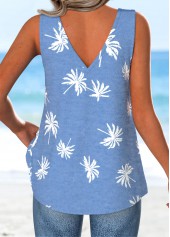 Dusty Blue tops,Plants tops,ROTITA Button Plants Print Dusty Blue V Neck Tank Top
