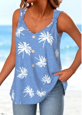 Dusty Blue tops,Plants tops,ROTITA Button Plants Print Dusty Blue V Neck Tank Top