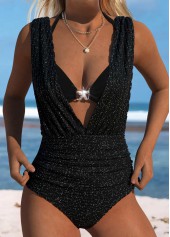 Black swimwear,Plain Color swimwear,ROTITA Tie Black Patchwork One Piece Swimwear and Bra
