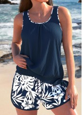 Navy plus size,Floral plus size,Plants plus size,ROTITA Plus Size Mid Waisted Bowknot Floral Print Tankini Set