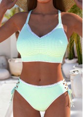 Light Green swimwear,Plaid swimwear,Geometric swimwear,ROTITA Lace Up Light Green Plaid Mid Waisted Bikini Set