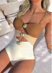 Light Coffee swimwear,Contrast Color swimwear,ROTITA Contrast Cut Out Light Coffee One Piece Swimwear