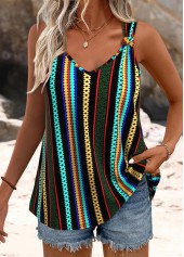 Multi Color tops,Striped tops,Geometric tops,ROTITA Twist Striped Multi Color V Neck Strappy Tank Top