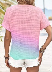 Pink tops,Contrast Color tops,ROTITA Button Pink V Neck Short Sleeve T Shirt