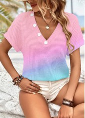 Pink tops,Contrast Color tops,ROTITA Button Pink V Neck Short Sleeve T Shirt