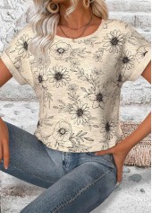 T-Shirt mit Rundhalsausschnitt und Blumendruck „Rotita“ in Hellkamel