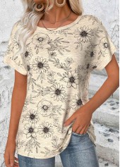 Light Camel tops,Floral tops,Plants tops,ROTITA Floral Print Light Camel Round Neck T Shirt