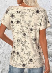 Light Camel tops,Floral tops,Plants tops,ROTITA Floral Print Light Camel Round Neck T Shirt