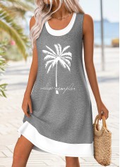 Grey dresses,Plants dresses,Vacation dresses,Vacation dresses,ROTITA Tummy Coverage Tropical Plants Print Grey Short Sleeveless Dress