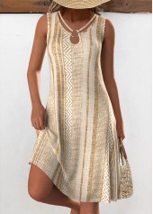 robe trapèze camel clair à imprimé géométrique avec anneau circulaire rotita