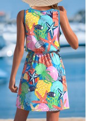 Multi Color dresses,Animal Print dresses,Vacation dresses,Vacation dresses,ROTITA Drawstring Marine Life Print Multi Color Short Sleeveless Dress