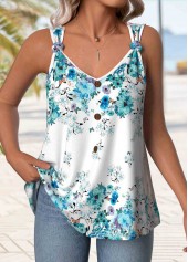 Light Blue tops,Floral tops,Plants tops,ROTITA Button Floral Print Light Blue V Neck Tank Top