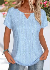 ROTITA Lace Light Blue Round Neck Short Sleeve T Shirt