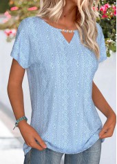 Light Blue tops,Plain Color tops,ROTITA Lace Light Blue Round Neck Short Sleeve T Shirt
