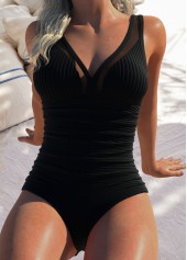 Black swimwear,Plain Color swimwear,ROTITA Black V Neck One Piece Swimwear