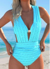 Cyan swimwear,Plain Color swimwear,ROTITA V-Neck Button Cyan One Piece Swimwear and Bra