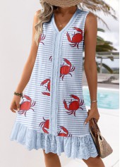 Light Blue dresses,Animal Print dresses,Vacation dresses,Vacation dresses,ROTITA Embroidery Marine Life Print Light Blue A Line Dress