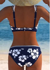Navy swimwear,Floral swimwear,Plants swimwear,ROTITA Contrast Binding Navy Floral Print Mid Waisted Bikini Set