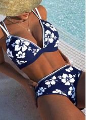 Navy swimwear,Floral swimwear,Plants swimwear,ROTITA Contrast Binding Navy Floral Print Mid Waisted Bikini Set