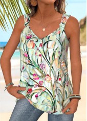 Light Green tops,Floral tops,Plants tops,ROTITA Twist Floral Print Light Green V Neck Tank Top