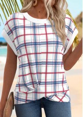 White tops,Plaid tops,Geometric tops,ROTITA Patchwork Plaid White Round Neck Short Sleeve T Shirt