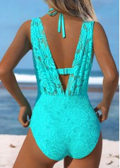 Cyan swimwear,Plain Color swimwear,ROTITA Lace V-Neck Cyan One Piece Swimwear and Bra