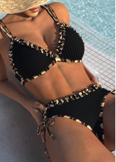 Black swimwear,Plaid swimwear,Geometric swimwear,ROTITA Frill Black Plaid Mid Waisted Bikini Set