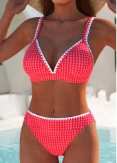 Red swimwear,Plaid swimwear,Geometric swimwear,ROTITA Contrast Binding Red Plaid Mid Waisted Bikini Set