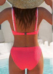 Red swimwear,Plaid swimwear,Geometric swimwear,ROTITA Contrast Binding Red Plaid Mid Waisted Bikini Set