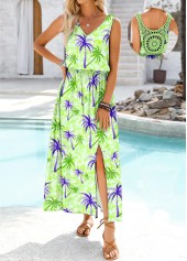robe col V vert clair à imprimé de plantes tropicales et broderie Rotita