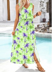 Light Green dresses,Plants dresses,Vacation dresses,Vacation dresses,ROTITA Embroidery Tropical Plants Print Light Green V Neck Dress