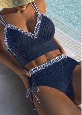 Navy swimwear,Striped swimwear,Geometric swimwear,ROTITA Tie Navy Striped Mid Waisted Bikini Set